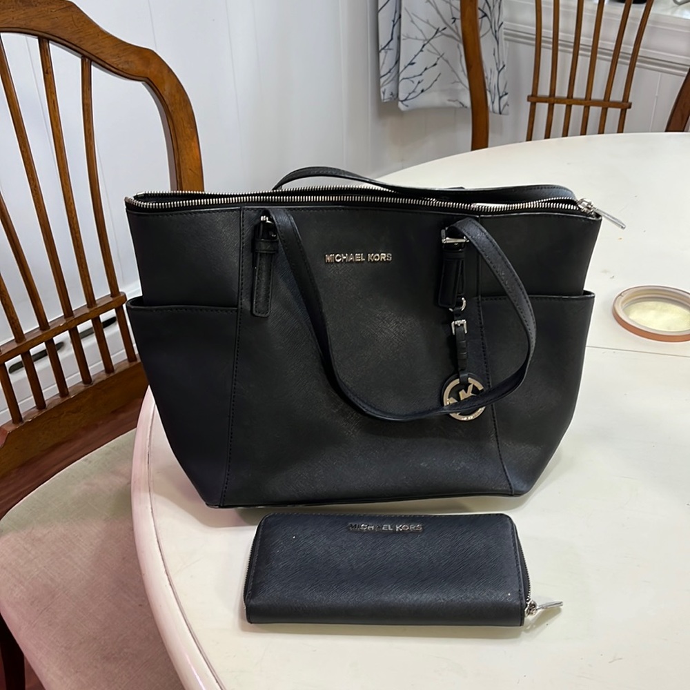 Black and silver Michael kors tote and Wallet